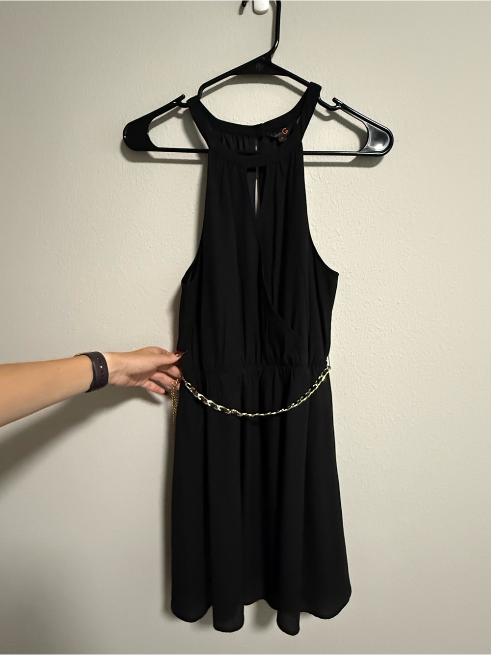 Black Sleeveless Halter Dress with Chain Belt